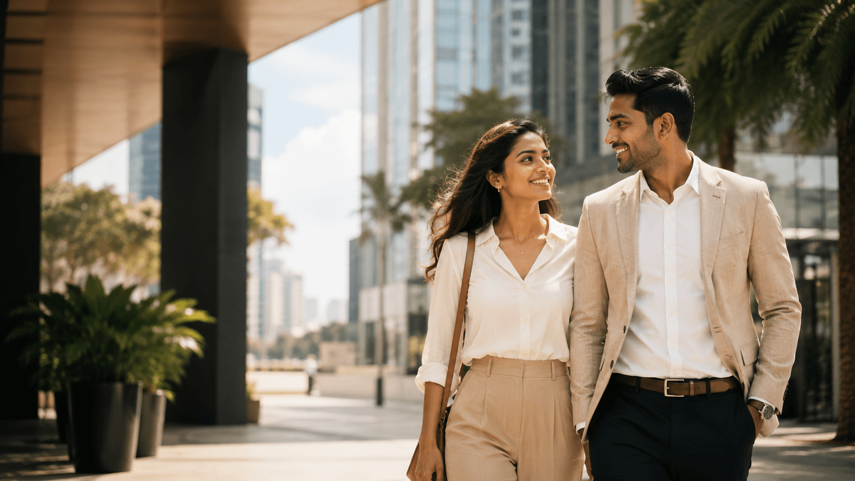 Sri Lankan couple walking together in a modern city