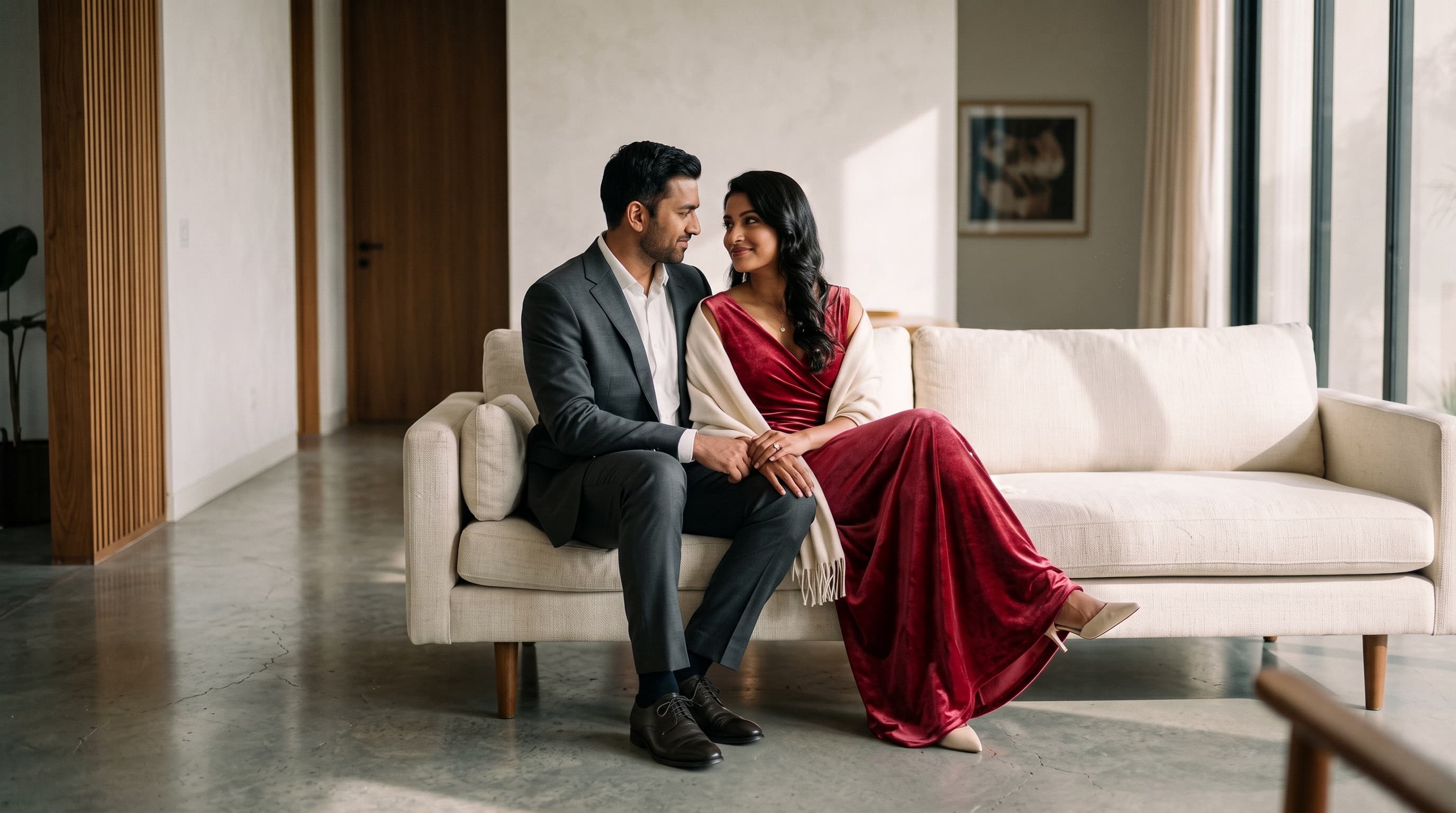 A naturally affectionate Sri Lankan couple in a sophisticated contemporary environment
